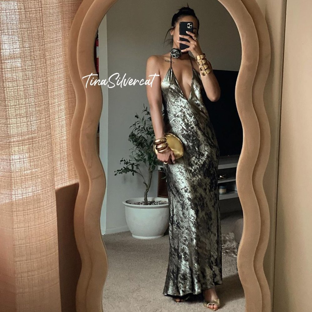 Zara Floral Foil Long Maxi Dress Golden S NWT